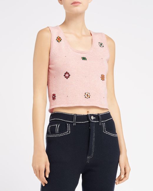 Barrie Pink Sleeveless Crop Top In Cashmere And Cotton With Floral Motif