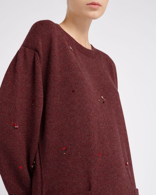 Barrie Red Iconic Long Dress In Cashmere With Floral Embroidery