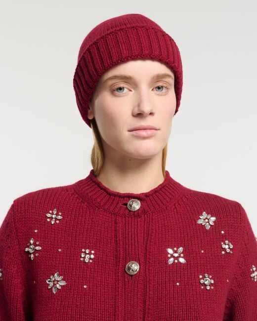 Barrie Red Chunky Cashmere Cardigan With Jewel Detail