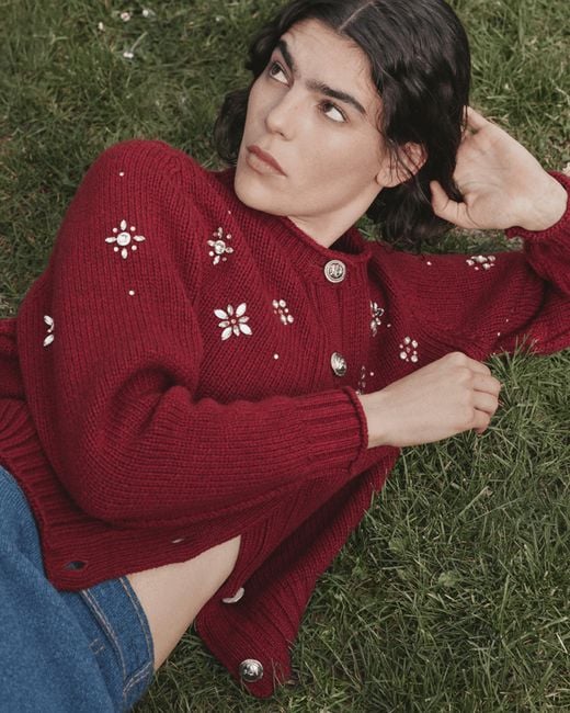 Barrie Red Chunky Cashmere Cardigan With Jewel Detail