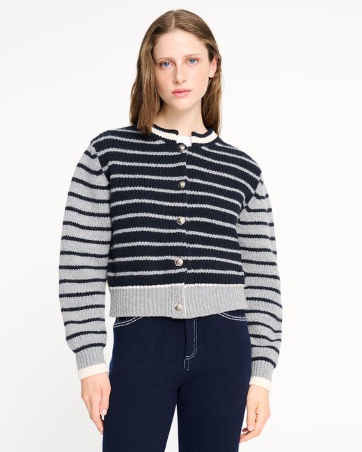 Barrie Blue Chunky Wool And Cashmere Cardigan With Contrasting Stripes