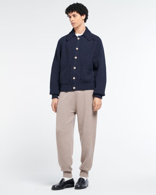 Barrie Blue Chunky Cashmere Cardigan With Polo Collar And Gold Buttons for men