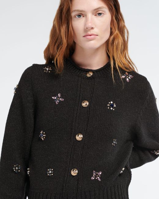 Barrie Black Chunky Cashmere Cardigan With Gold Buttons With Embroidery