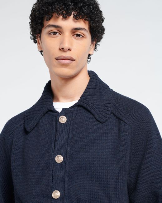Barrie Blue Chunky Cashmere Cardigan With Polo Collar And Gold Buttons for men