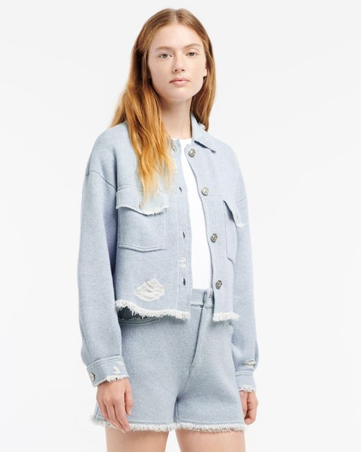 Barrie Blue Denim Fringed Cashmere And Cotton Jacket
