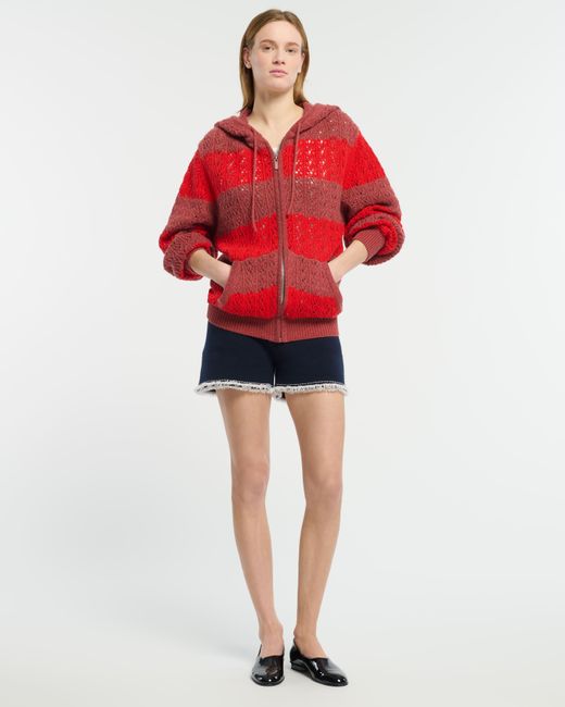 Barrie Red Striped Cashmere Lace Hooded Oversize Cardigan With Zip