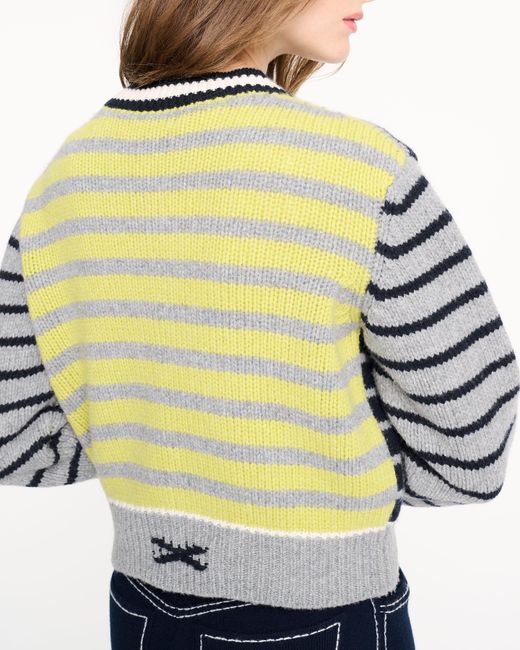Barrie Blue Chunky Wool And Cashmere Cardigan With Contrasting Stripes