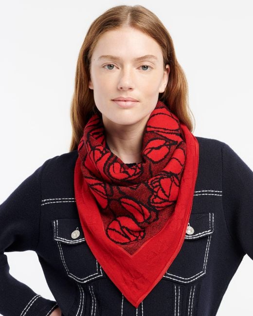 Barrie Red Cashmere Scarf With Floral Motif