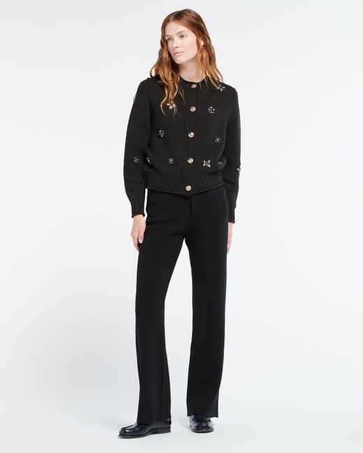 Barrie Black Chunky Cashmere Cardigan With Gold Buttons With Embroidery