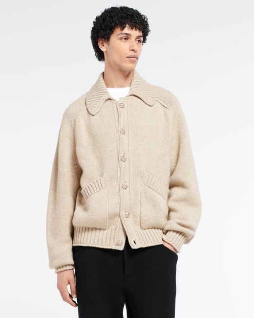 Barrie Natural Chunky Cashmere Cardigan With Polo Collar And Gold Buttons for men