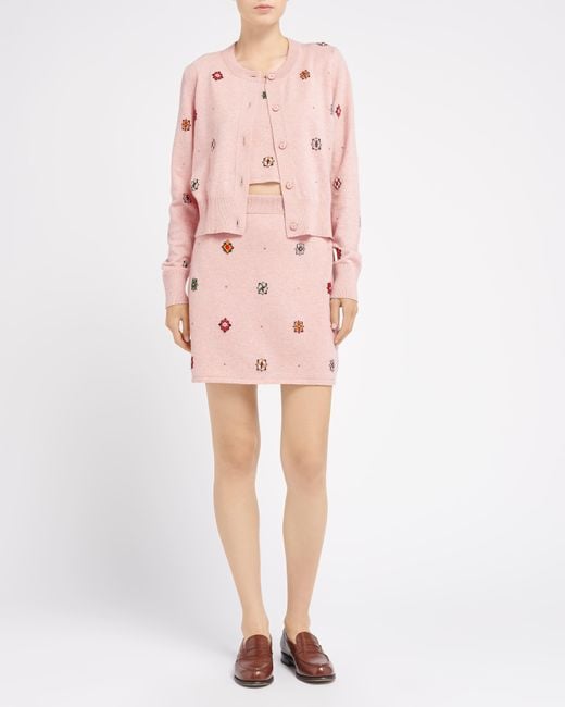 Barrie Pink Cardigan In Cashmere And Cotton With Floral Motif