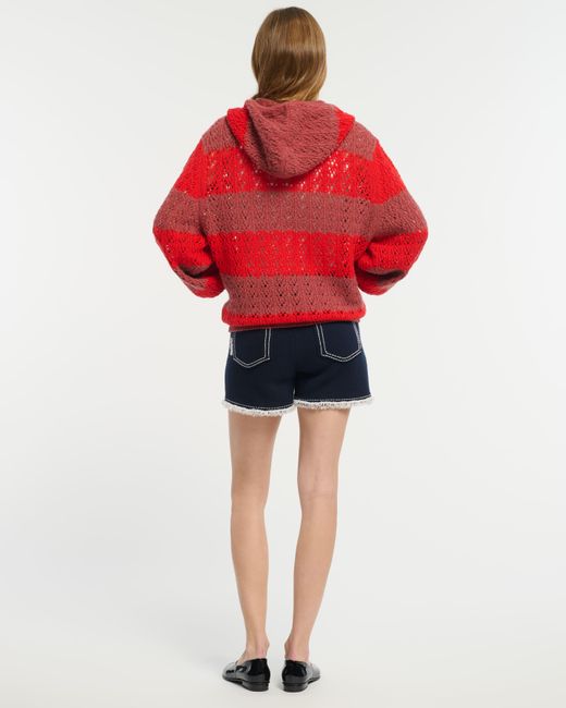 Barrie Red Striped Cashmere Lace Hooded Oversize Cardigan With Zip