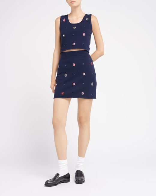 Barrie Blue Short Skirt In Cashmere And Cotton With Floral Motif