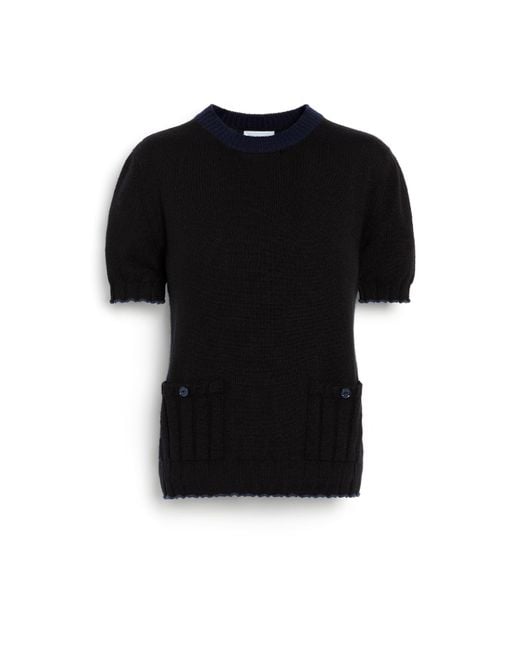 Barrie Black Lightweight Cashmere And Cotton Top With Ribbed Detailing