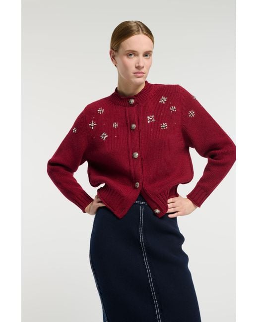 Barrie Red Chunky Cashmere Cardigan With Jewel Detail