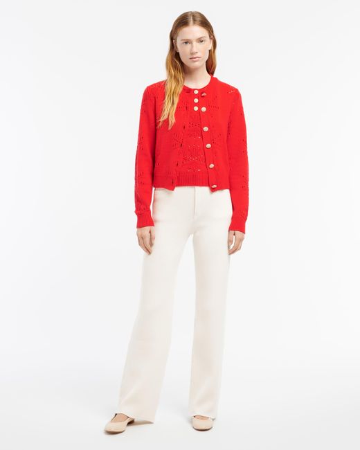 Barrie Red Cashmere And Cotton Cardigan With An All-over Motif