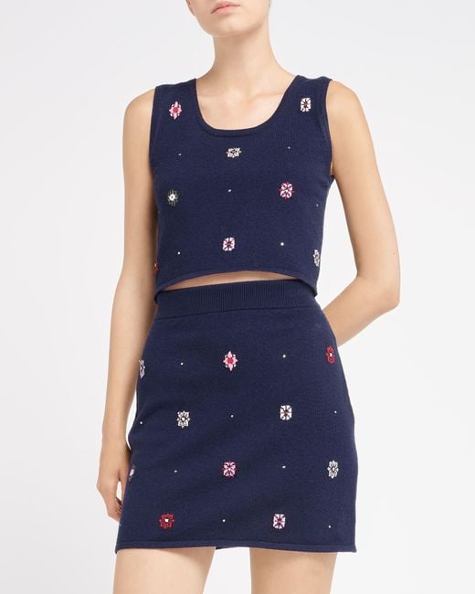 Barrie Blue Short Skirt In Cashmere And Cotton With Floral Motif