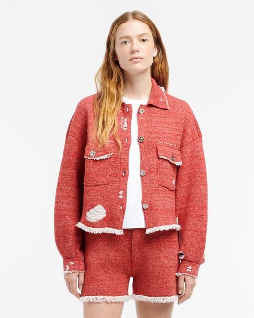 Barrie Red Denim Fringed Cashmere And Cotton Jacket