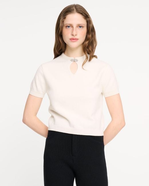 Barrie White Cashmere Top With Tone-on-tone Gem Details