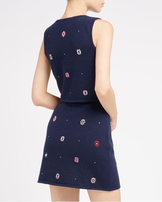 Barrie Blue Short Skirt In Cashmere And Cotton With Floral Motif
