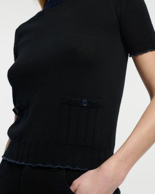 Barrie Black Lightweight Cashmere And Cotton Top With Ribbed Detailing