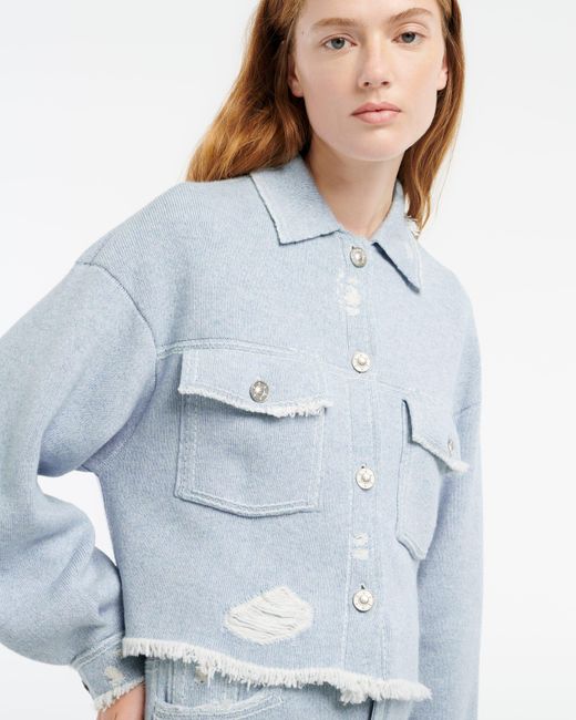 Barrie Blue Denim Fringed Cashmere And Cotton Jacket