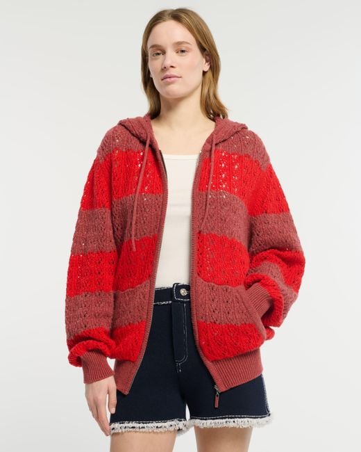 Barrie Red Striped Cashmere Lace Hooded Oversize Cardigan With Zip