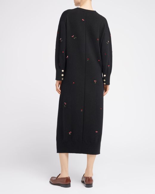 Barrie Black Iconic Long Dress In Cashmere With Floral Embroidery