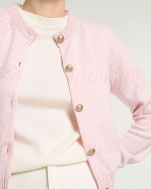 Barrie Pink Cashmere Cardigan With A Tartan Motif