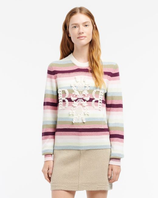 Barrie Pink Striped Cashmere 3d Logo Round-neck Jumper