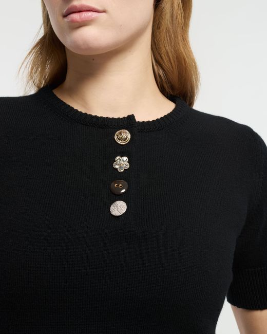 Barrie Black Cotton And Cashmere Top With Jewelled Buttons