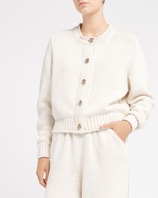 Barrie White Cardigan In Chunky Cashmere With Gold Buttons