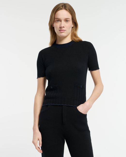 Barrie Black Lightweight Cashmere And Cotton Top With Ribbed Detailing