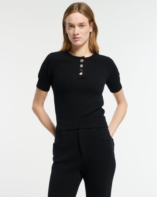 Barrie Black Cotton And Cashmere Top With Jewelled Buttons