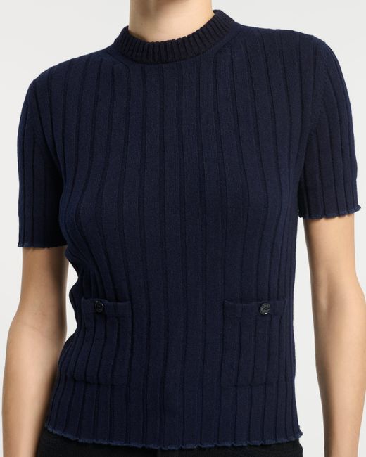 Barrie Blue Ribbed Cashmere Top