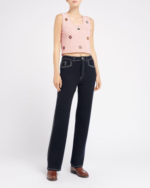 Barrie Pink Sleeveless Crop Top In Cashmere And Cotton With Floral Motif