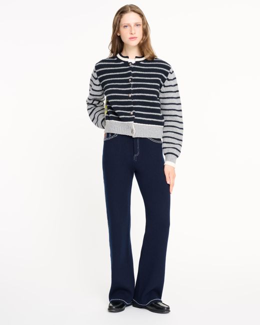 Barrie Blue Chunky Wool And Cashmere Cardigan With Contrasting Stripes