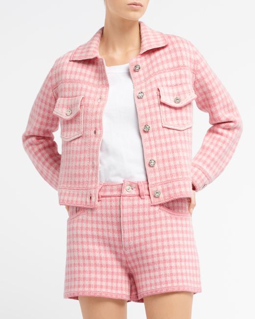 Barrie Pink Denim Fitted Cashmere And Cotton Jacket With Gingham Motif