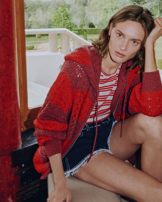 Barrie Red Striped Cashmere Lace Hooded Oversize Cardigan With Zip