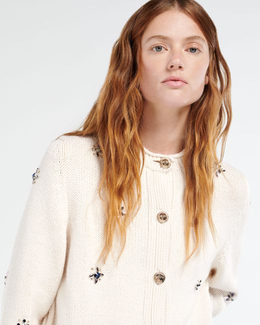 Barrie Natural Chunky Cashmere Cardigan With Gold Buttons With Embroidery