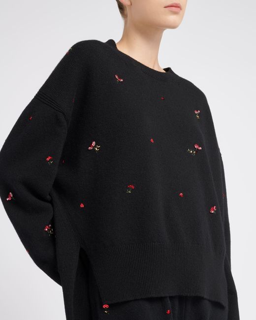 Barrie Black Iconic Oversized Jumper In Cashmere With Floral Embroidery
