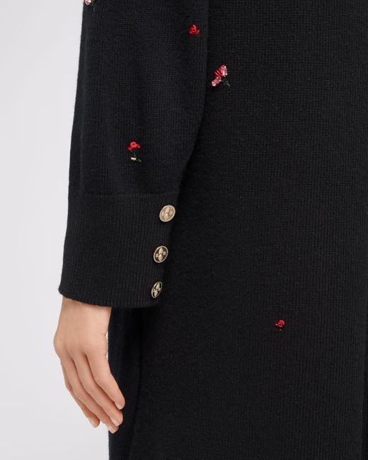 Barrie Black Iconic Long Dress In Cashmere With Floral Embroidery
