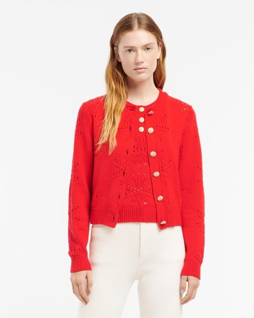 Barrie Red Cashmere And Cotton Cardigan With An All-over Motif