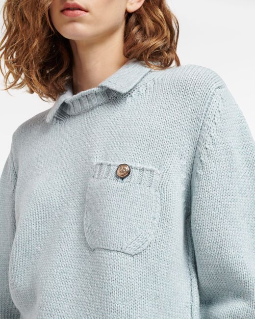 Barrie Blue Chunky Cashmere Jumper With Polo Shirt Collar