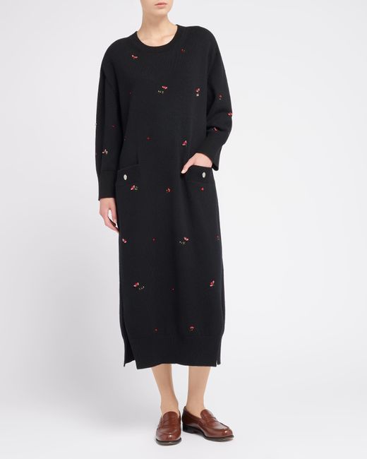 Barrie Black Iconic Long Dress In Cashmere With Floral Embroidery