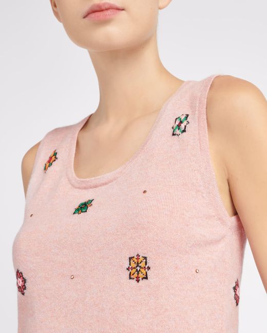 Barrie Pink Sleeveless Crop Top In Cashmere And Cotton With Floral Motif
