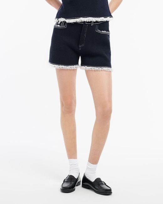 Barrie Blue Denim Fringed Cashmere And Cotton Shorts