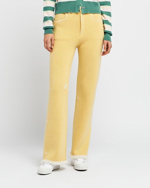 Barrie Yellow Denim Fringed Cashmere And Cotton Trousers