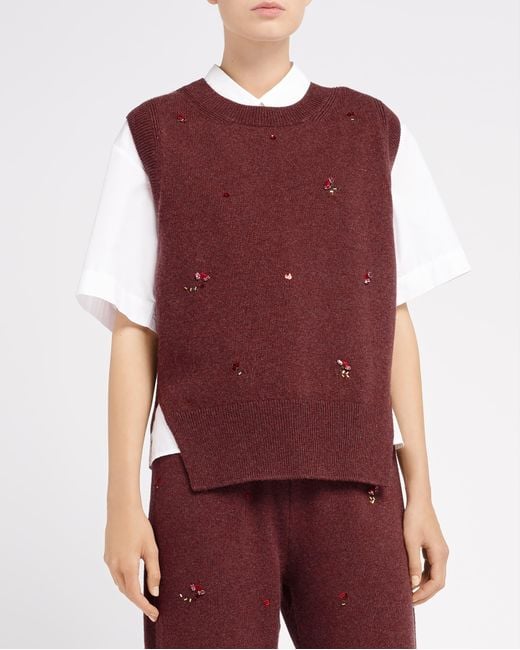 Barrie Red Iconic Sleeveless Jumper In Cashmere With Floral Embroidery