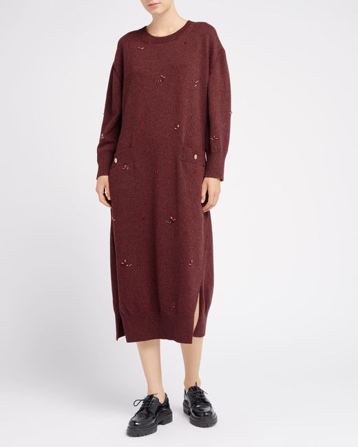 Barrie Red Iconic Long Dress In Cashmere With Floral Embroidery